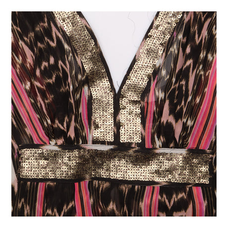 Pink Black Abstract Ikat Sheer Sequin V Neck Kafta