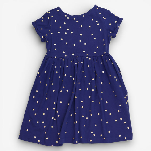 Navy jersey dress with gold polka dots