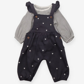 Outfit grey heart dungarees striped bodysuit LS