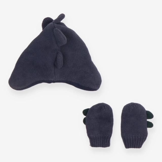 Winter hat and mittens navy blue dino spikes