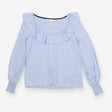 Light Blue Jersey Blouse – Ruffle Neck Soft Stretc