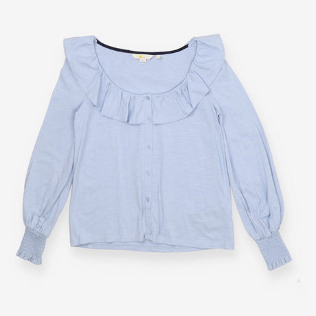 Light Blue Jersey Blouse – Ruffle Neck Soft Stretc