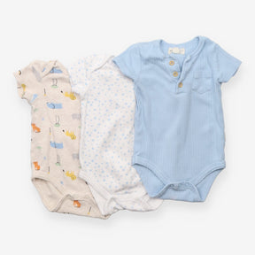 Bodysuits SS 3pc animals ribbed blue stars