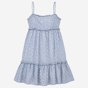 Dress Blue White Ditsy Floral Smocked Bodice Strap