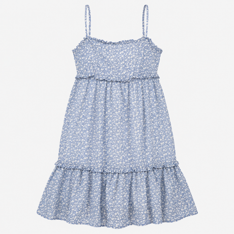 Dress Blue White Ditsy Floral Smocked Bodice Strap