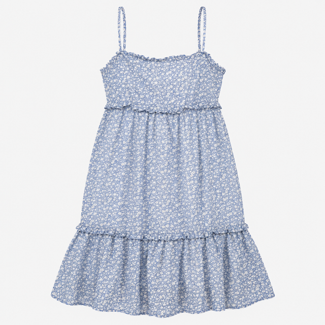 Dress Blue White Ditsy Floral Smocked Bodice Strap