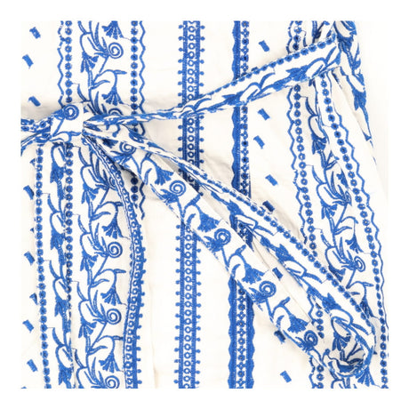 White and blue embroidered tie waist midi dress