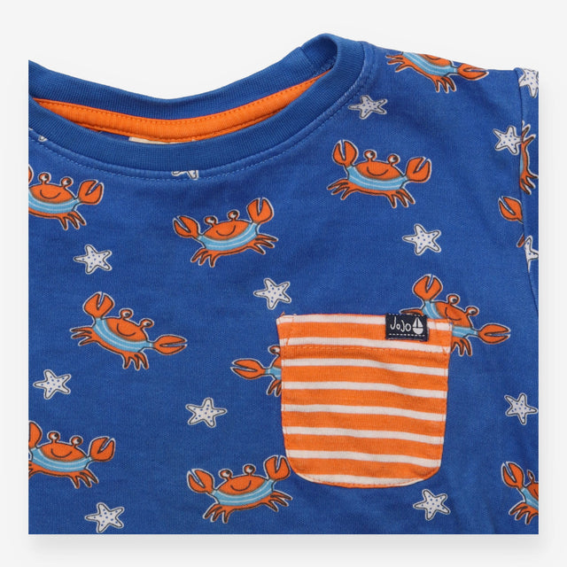 Tee SS blue orange crabs stripe pocket
