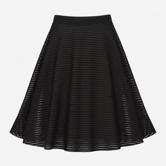 Black Striped Mesh A-Line Midi Skirt