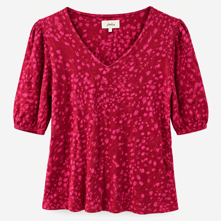 Top Red Pink Animal Print V-Neck Puff Sleeve Jerse