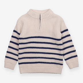 Knitted Sweater 1/4 Zip White with Blue Strip