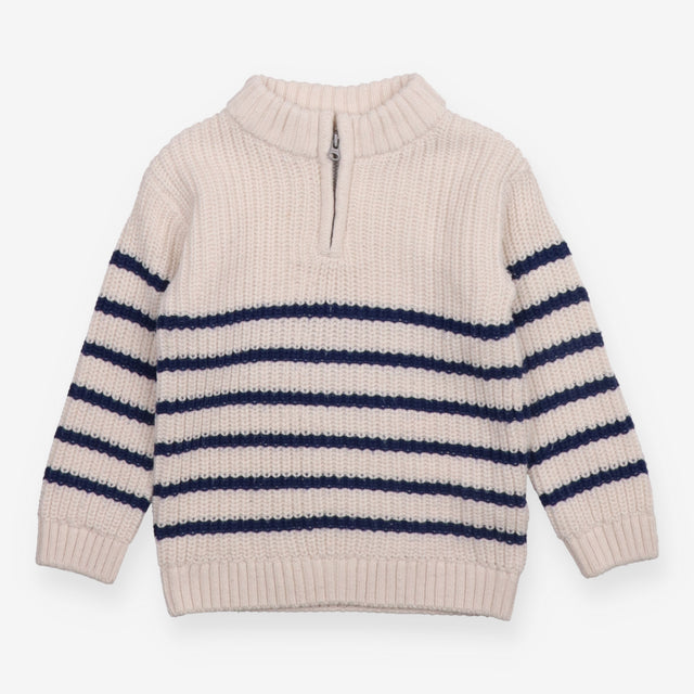 Knitted Sweater 1/4 Zip White with Blue Strip