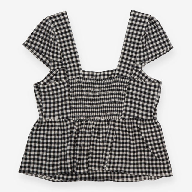 M&S Top Gingham Black White Square Neck Peplum