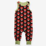 Dungarees brown red toadstools green edging