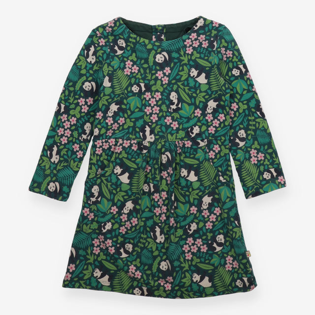 Jersey Dress Green with Pandas and Flowers
