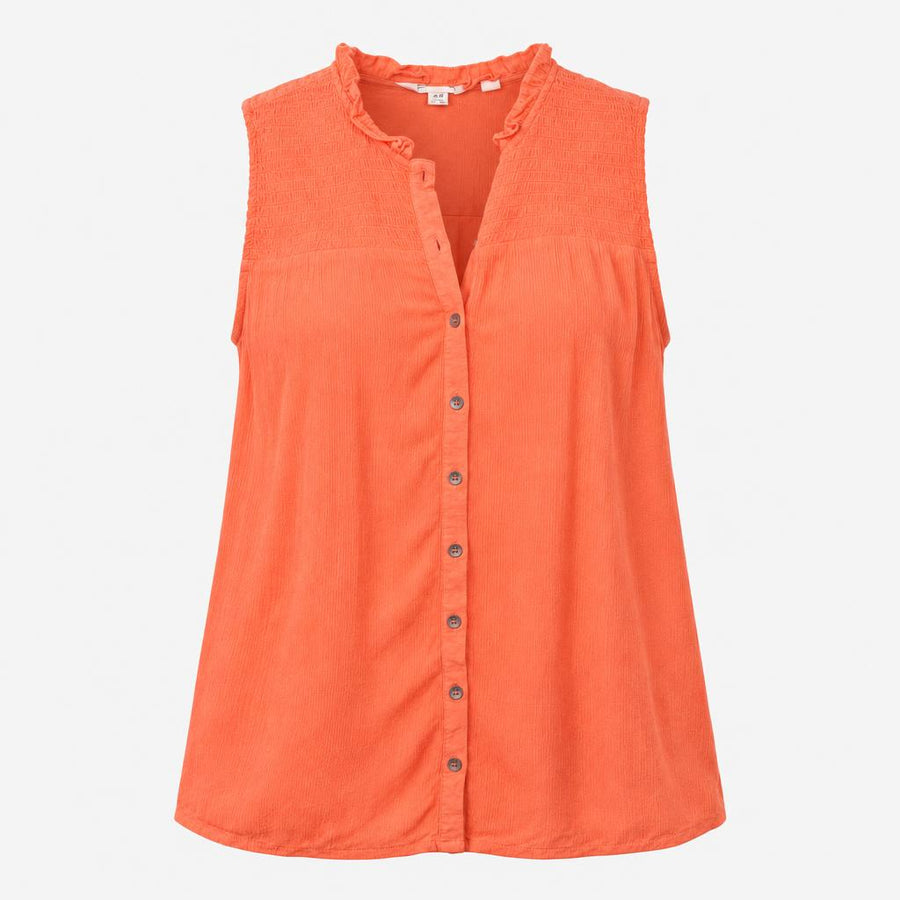 Sleeveless Blouse Coral Orange Button Front Smocke