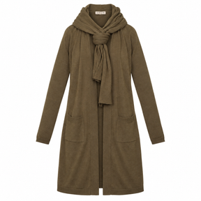 Longline Cardigan Moss Green Scarf Neck Open Front
