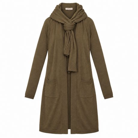 Longline Cardigan Moss Green Scarf Neck Open Front