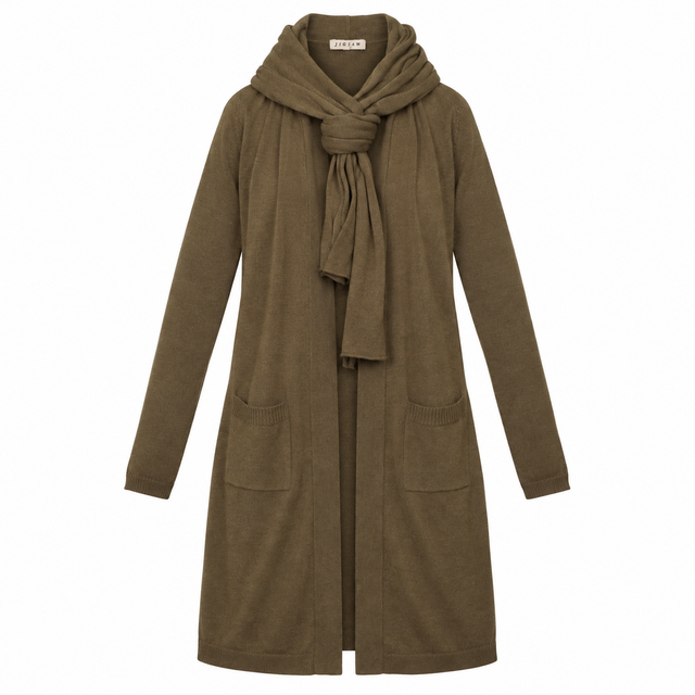 Longline Cardigan Moss Green Scarf Neck Open Front