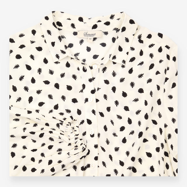 Cream Black Leaf Print Collared Long Sleeve Blouse