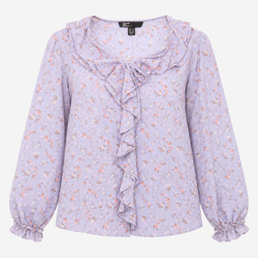 Blouse Pale Blue Floral Print Ruffle Front Long Sl
