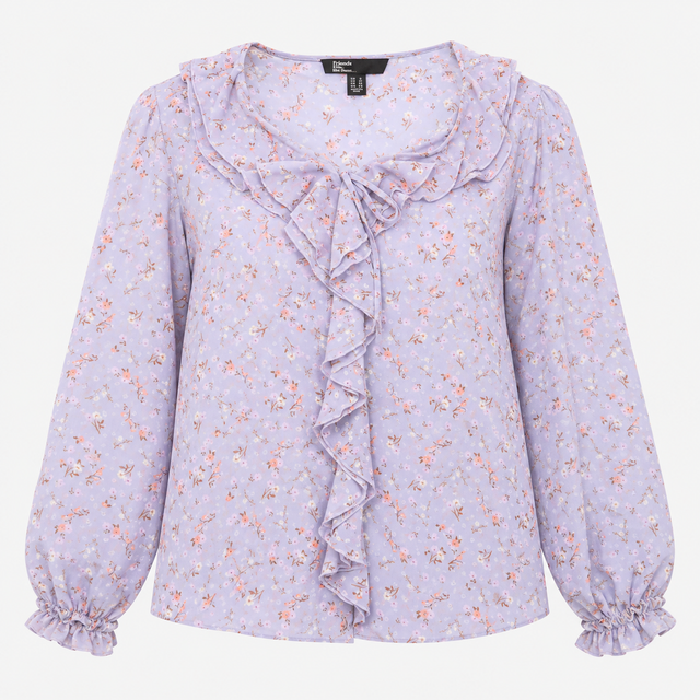 Blouse Pale Blue Floral Print Ruffle Front Long Sl