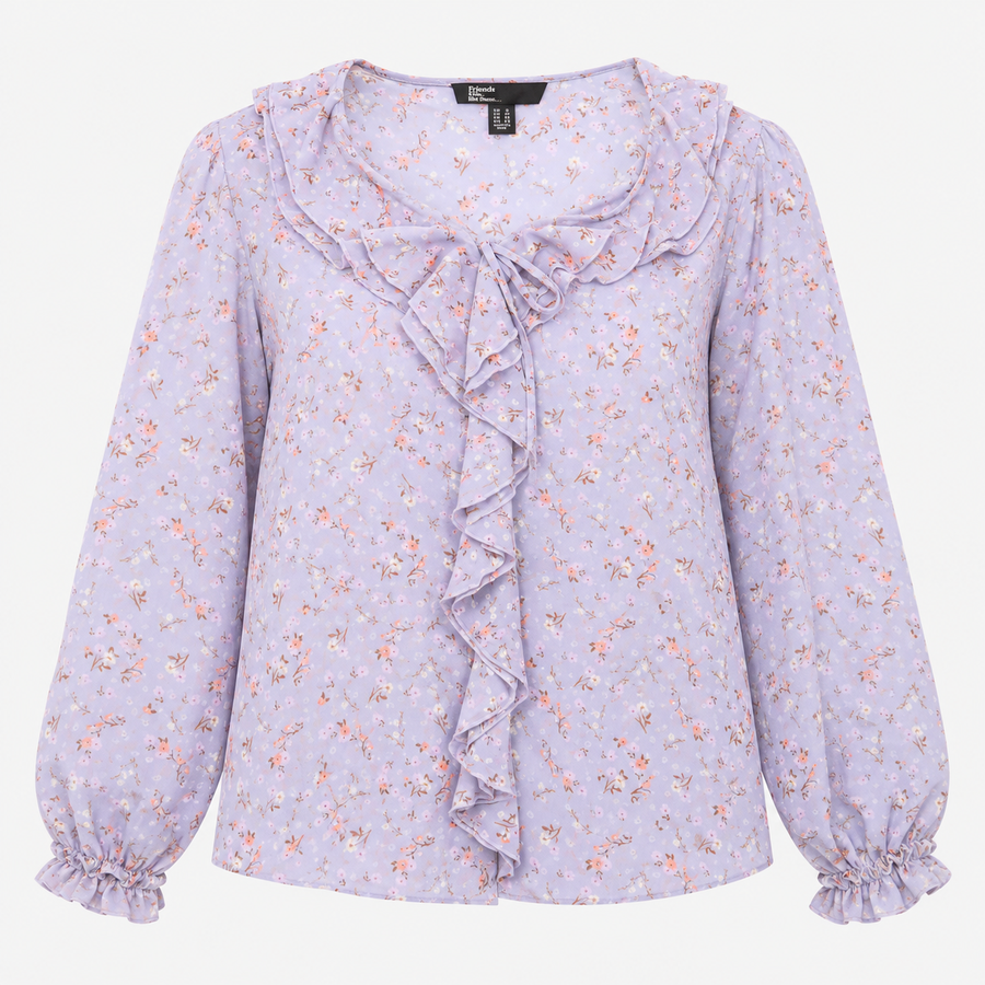 Blouse Pale Blue Floral Print Ruffle Front Long Sl