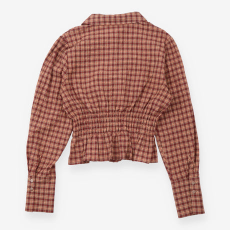 Burgundy Plaid Smocked Waist Peplem