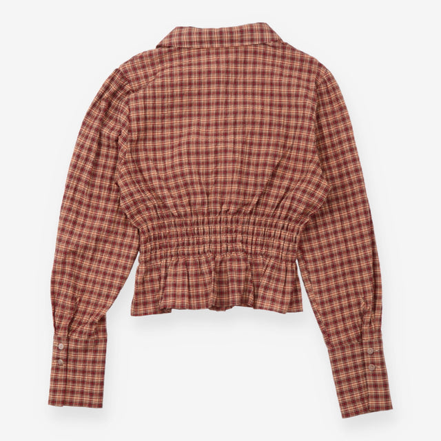 Burgundy Plaid Smocked Waist Peplem
