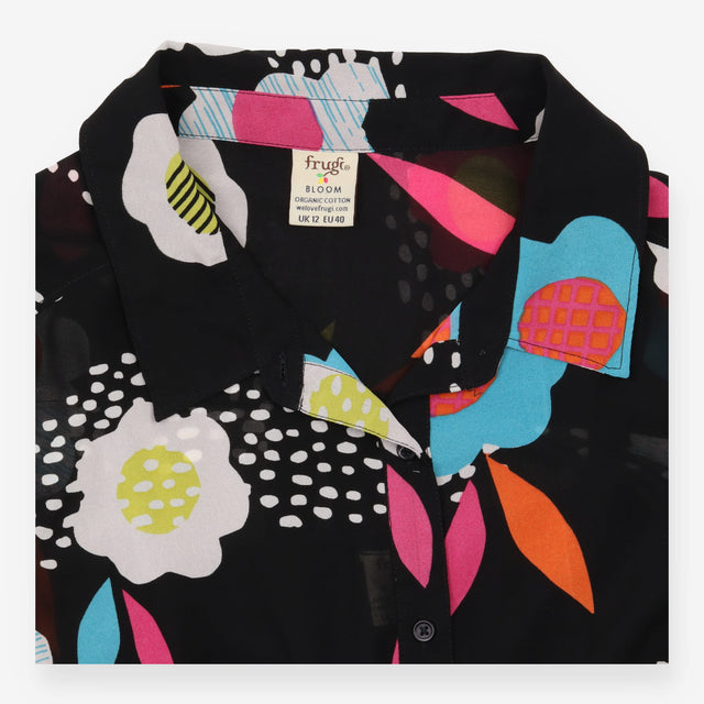 Shirt Blouse Black Floral Print Button Down Long S