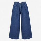 Trousers Wide Leg Pleated Denim Dark Blue