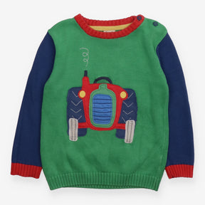 Knit Sweater Green, Blue and Red with Tractor