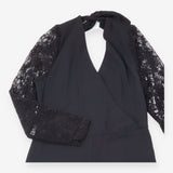 Black V Neck Wrap Front Semi Sheer Lace Long Sleev
