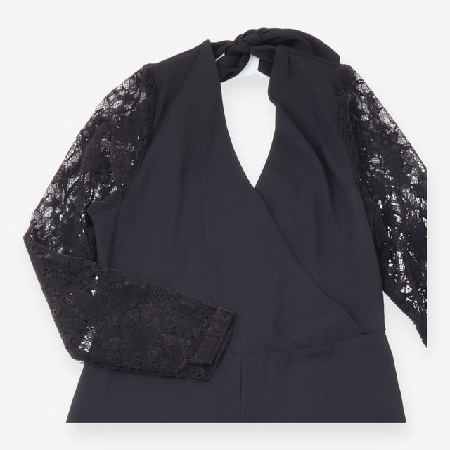 Black V Neck Wrap Front Semi Sheer Lace Long Sleev