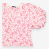 White and Pink Embroidered Floral Puff Sleeve Mini