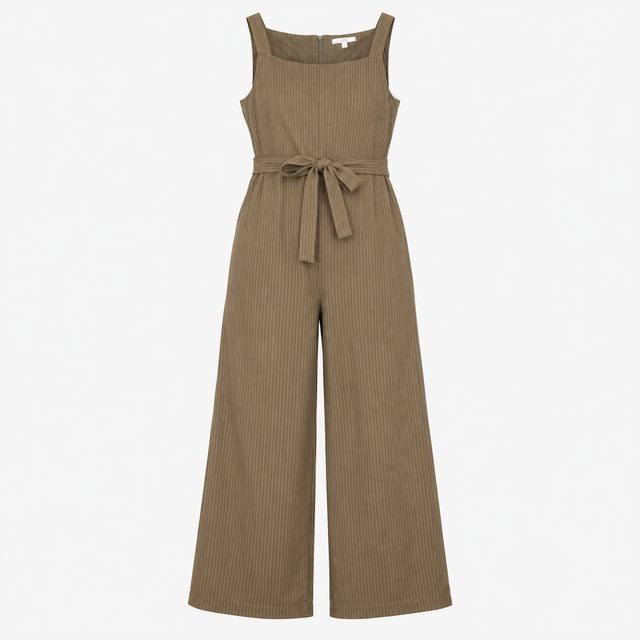 Jumpsuit Olive Green Linen Blend Pinstripe Wide Le