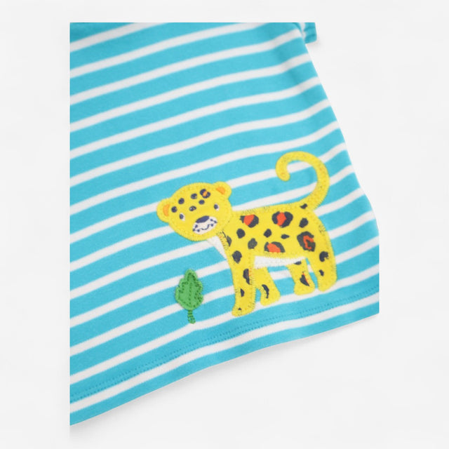 Tee ss teal stripe cheetah applique