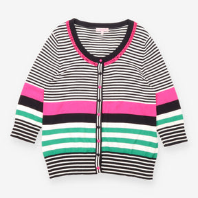 Cardigan Black White Pink Green Striped Embellishe