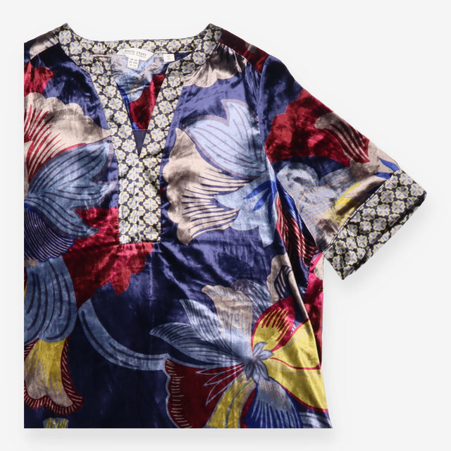 Navy Blue Floral Devoré Velvet V-Neck Short Sleeve