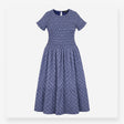 Blue Navy Checked Shirred Midi Dress