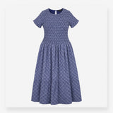 Blue Navy Checked Shirred Midi Dress