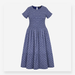 Blue Navy Checked Shirred Midi Dress