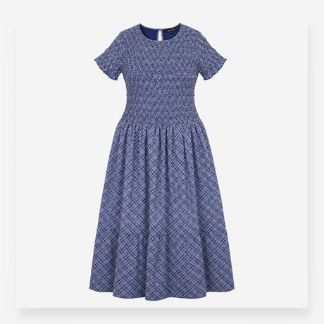 Blue Navy Checked Shirred Midi Dress