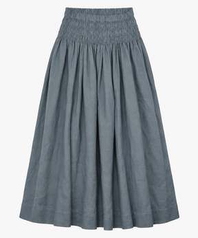 Slate Grey 100% Linen Smocked Waist Midi Skirt