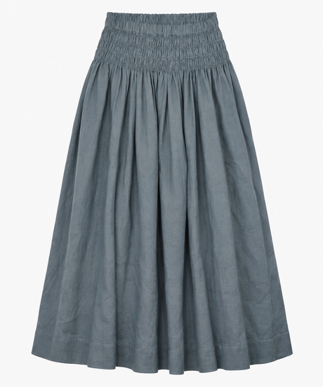 Slate Grey 100% Linen Smocked Waist Midi Skirt