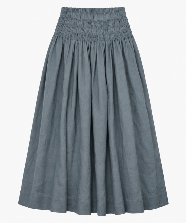 Slate Grey 100% Linen Smocked Waist Midi Skirt