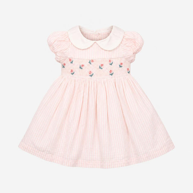 Collared Dress Pink Vertical Strip Embroidered Ros