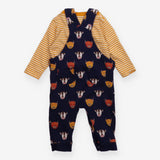 Outfit yellow stripe tee navy cow face dungarees
