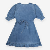 Mini Dress Blue Organic Cotton Puff Shoulder Ruffl