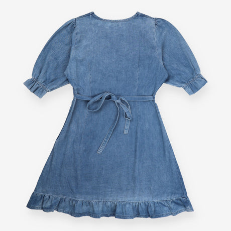 Mini Dress Blue Organic Cotton Puff Shoulder Ruffl